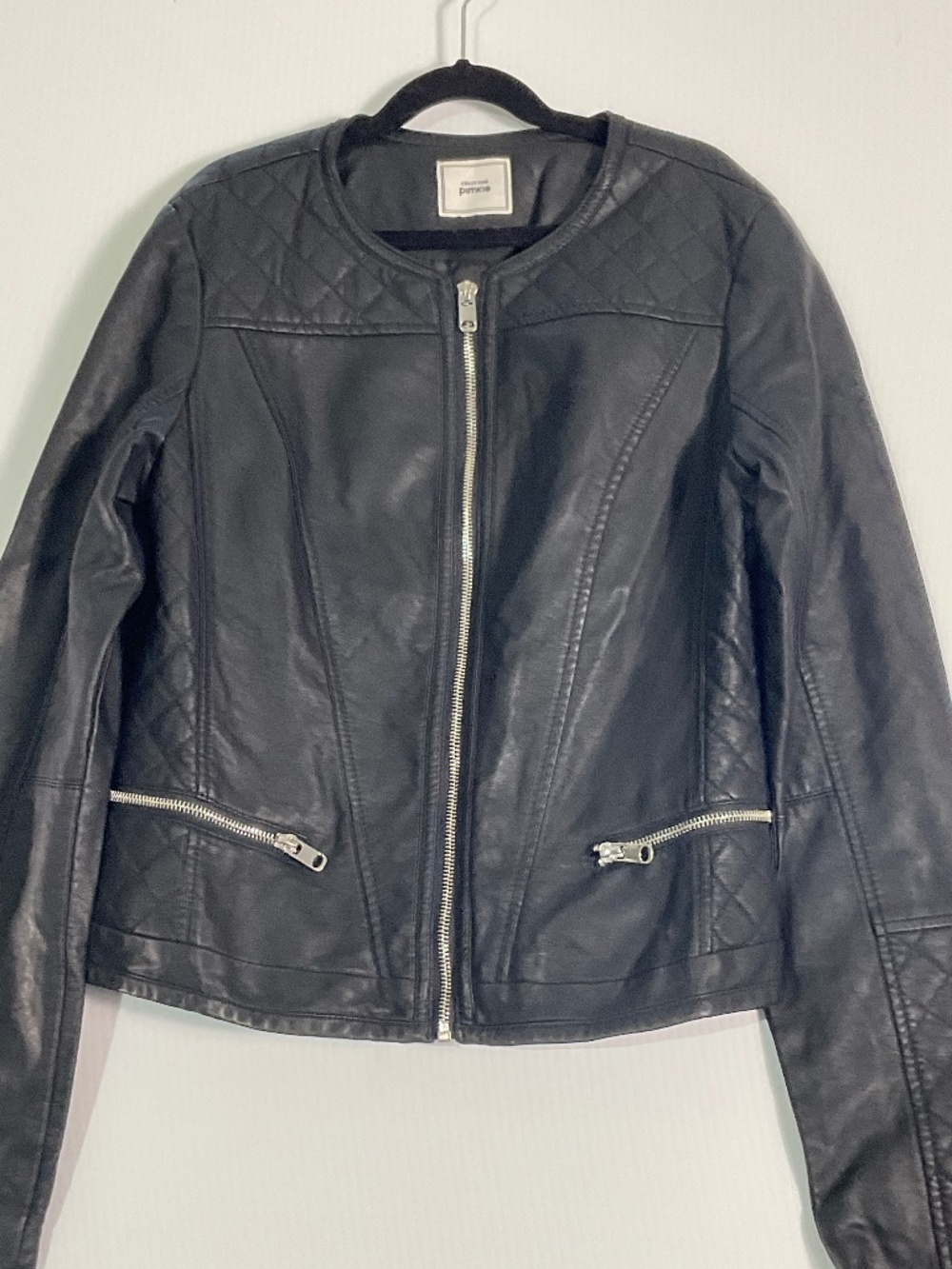 Pimkie Faux Leather Moto Jacket Black Quilted Collarless Zip Women's EU 38/US 4